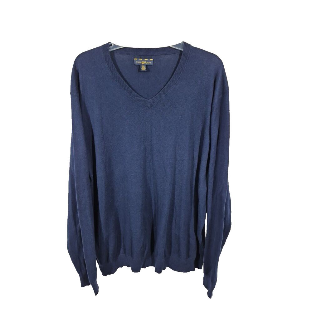 Club Room Sweater Mens 2XL Navy Blue Cotton Cashmere blend V-Neck‎